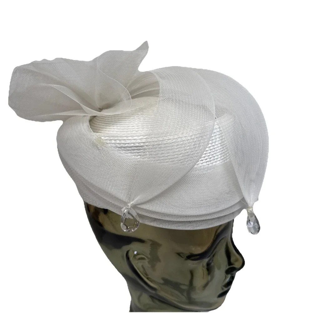 White Church Derby Hat Lg Bow Rhinestone, Formal Wedding Tea Party W/Hard Box